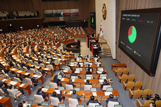 10일 오후 서울 여의도 국회에서 열린 본회의에서 내란범죄혐의자 신속체포요구 결의안이 가결되고 있다. 연합뉴스